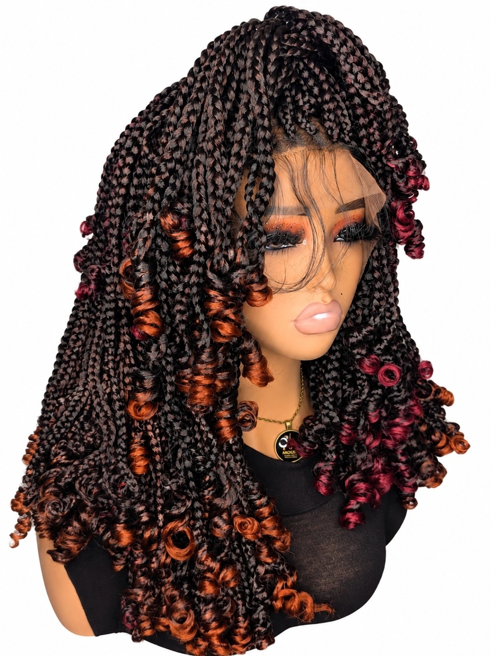 Hand-Tied Braided Lace Front Wig with Copper and Burgundy Accents